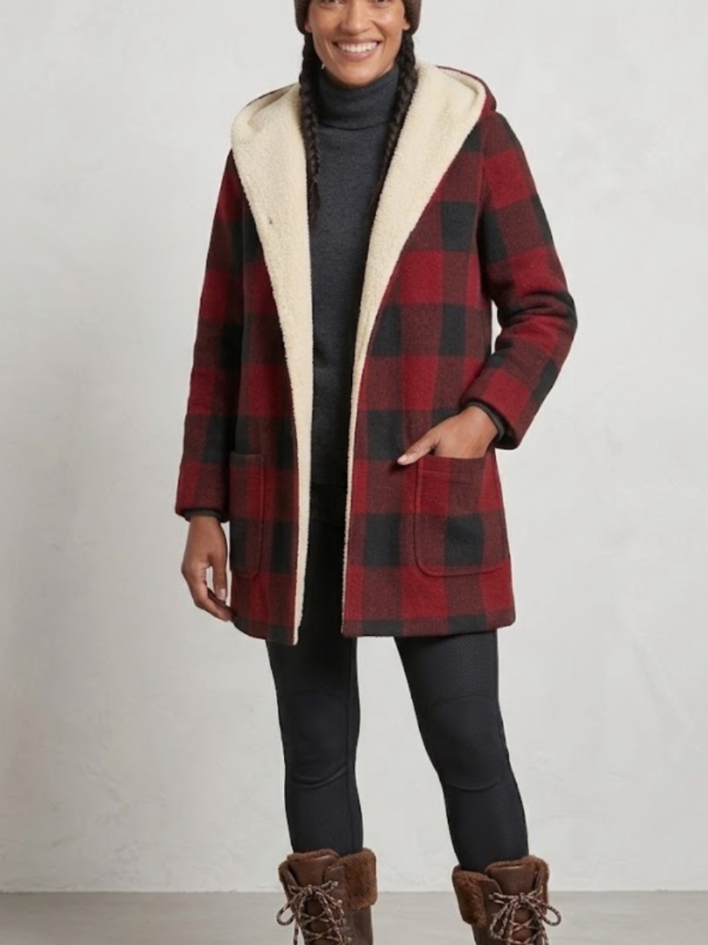 Eddie Bauer Barn Coat Buffalo Plaid Red Black Sherpa Lined Open Front Size XL